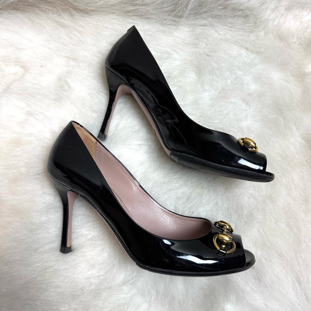 Gucci Horsebit Patent Leather Guccissima Peep Toe Pump Heels - Picture 5 of 10